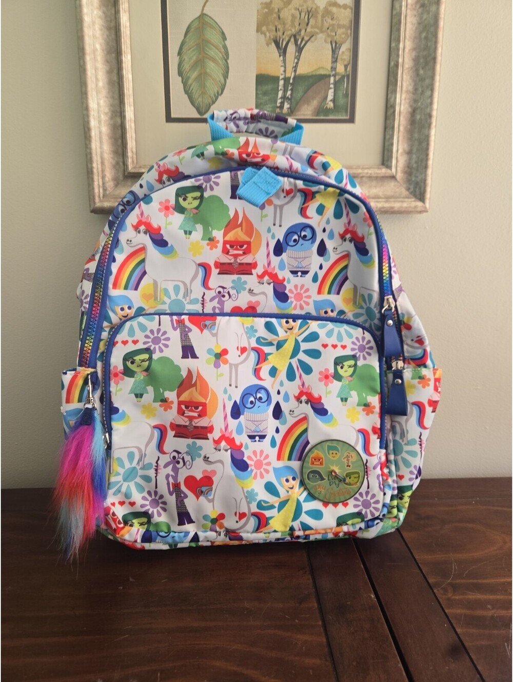 Disney Pixar Inside Out Backpack All Over Joy Rainbow Unicorn Emotions Mood Dial